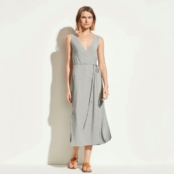 Vince Jersey Knit Wrap Dress Sleeveless V Neck Midi Heather Grey Large - Picture 1 of 15